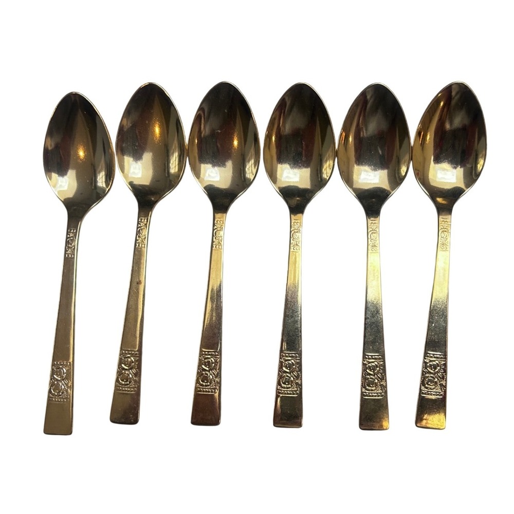 Vintage Gold Tone Stainless Steel Rose Floral demitasse Set of 6 Japan 4.25 Inch